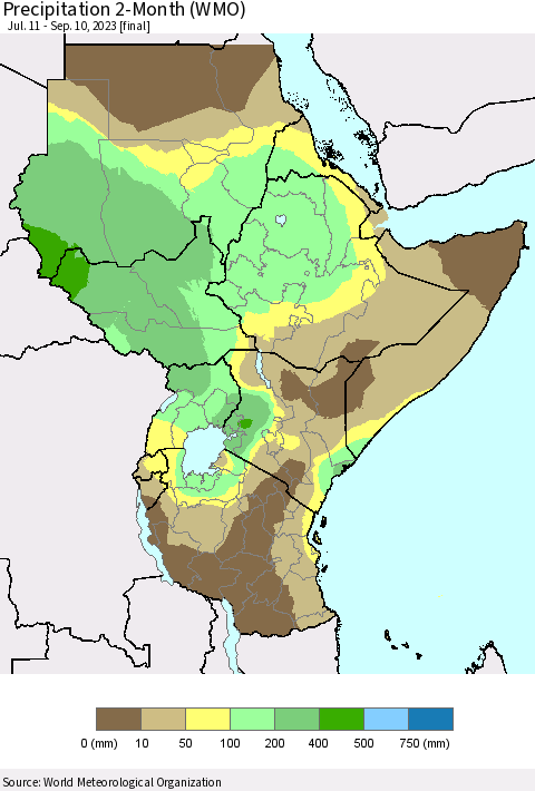 Eastern Africa Precipitation 2-Month (WMO) Thematic Map For 7/11/2023 - 9/10/2023