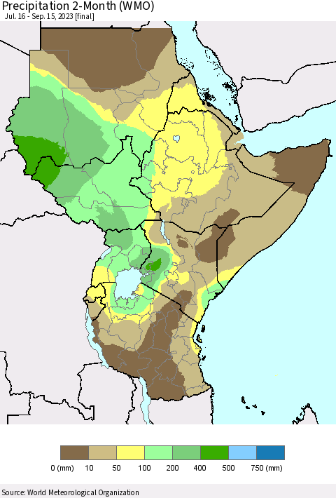 Eastern Africa Precipitation 2-Month (WMO) Thematic Map For 7/16/2023 - 9/15/2023