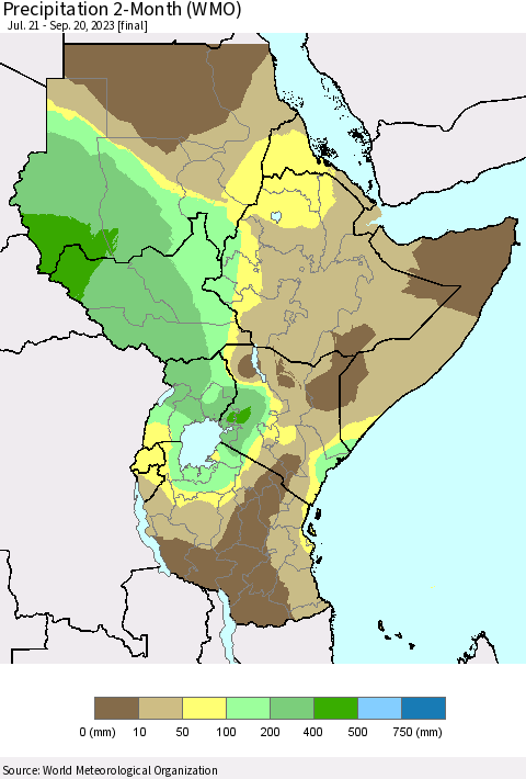 Eastern Africa Precipitation 2-Month (WMO) Thematic Map For 7/21/2023 - 9/20/2023