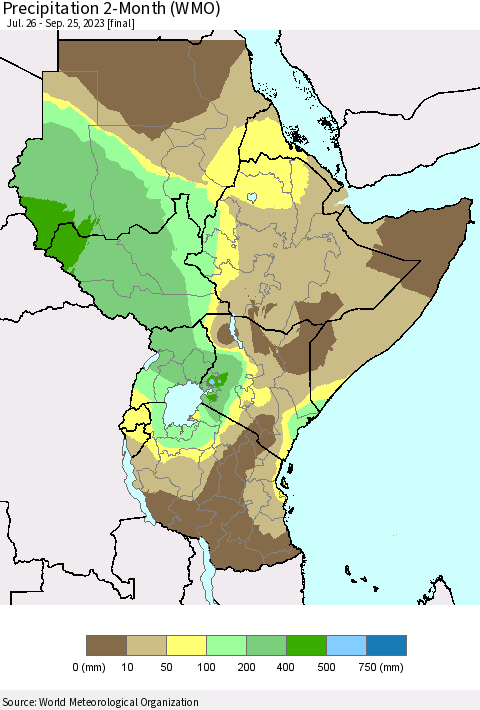 Eastern Africa Precipitation 2-Month (WMO) Thematic Map For 7/26/2023 - 9/25/2023