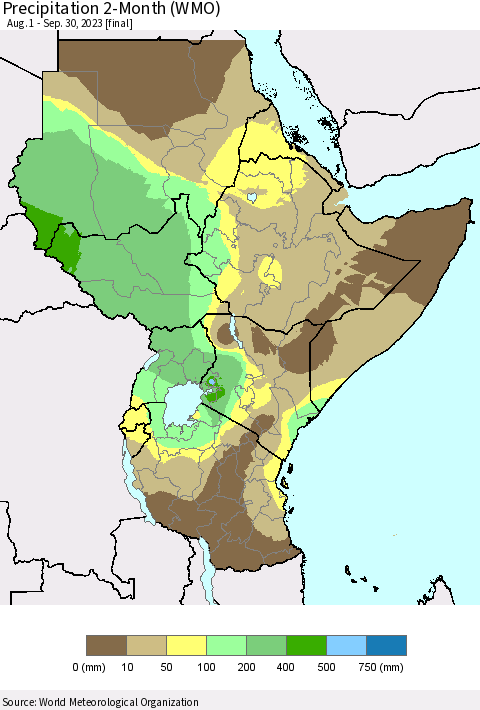 Eastern Africa Precipitation 2-Month (WMO) Thematic Map For 8/1/2023 - 9/30/2023