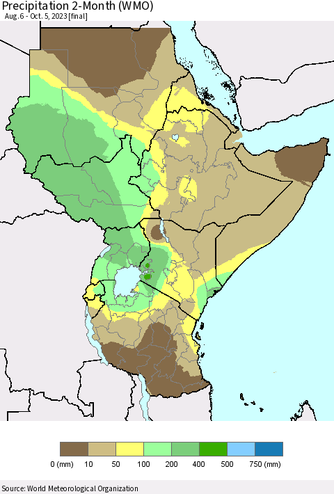 Eastern Africa Precipitation 2-Month (WMO) Thematic Map For 8/6/2023 - 10/5/2023