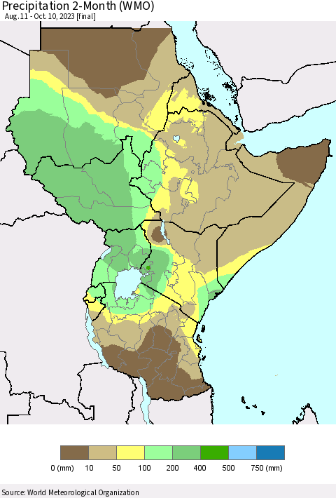 Eastern Africa Precipitation 2-Month (WMO) Thematic Map For 8/11/2023 - 10/10/2023