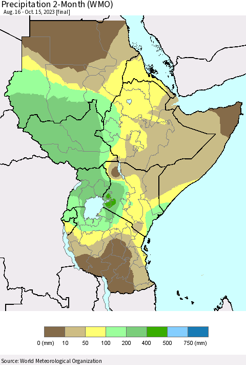 Eastern Africa Precipitation 2-Month (WMO) Thematic Map For 8/16/2023 - 10/15/2023