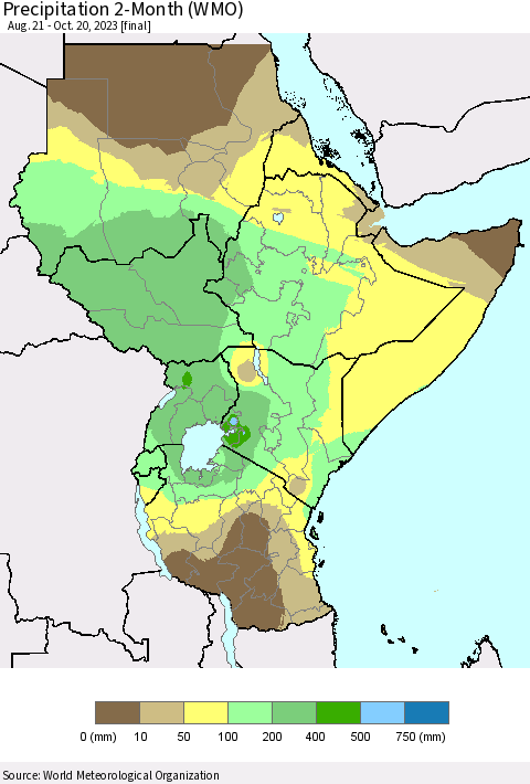 Eastern Africa Precipitation 2-Month (WMO) Thematic Map For 8/21/2023 - 10/20/2023