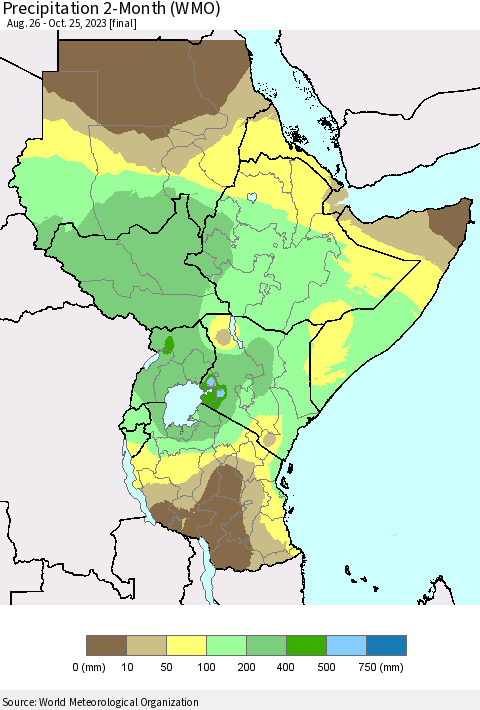 Eastern Africa Precipitation 2-Month (WMO) Thematic Map For 8/26/2023 - 10/25/2023