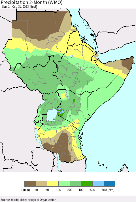 Eastern Africa Precipitation 2-Month (WMO) Thematic Map For 9/1/2023 - 10/31/2023