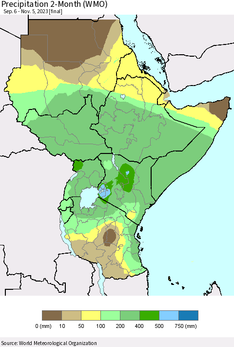 Eastern Africa Precipitation 2-Month (WMO) Thematic Map For 9/6/2023 - 11/5/2023