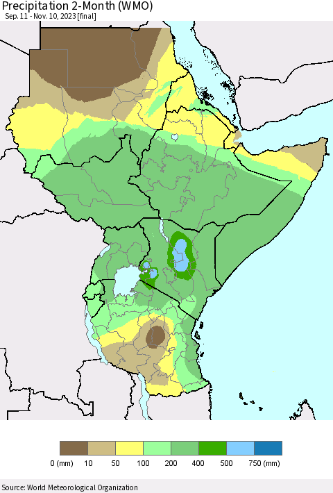 Eastern Africa Precipitation 2-Month (WMO) Thematic Map For 9/11/2023 - 11/10/2023