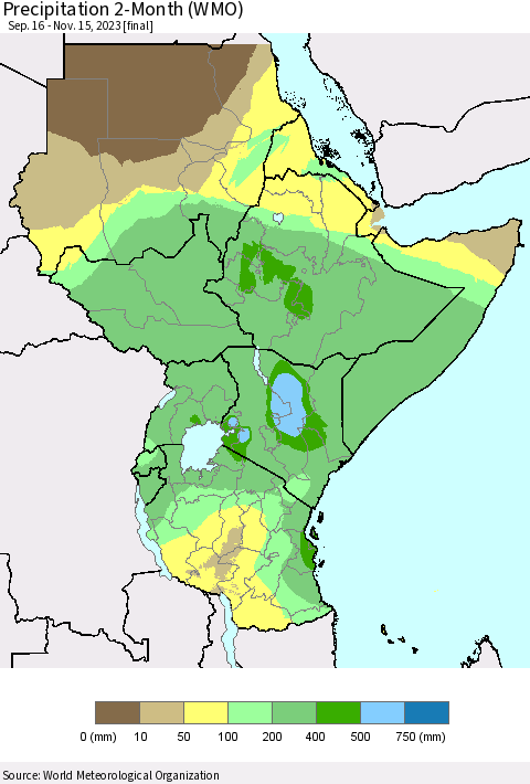 Eastern Africa Precipitation 2-Month (WMO) Thematic Map For 9/16/2023 - 11/15/2023