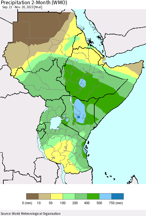 Eastern Africa Precipitation 2-Month (WMO) Thematic Map For 9/21/2023 - 11/20/2023