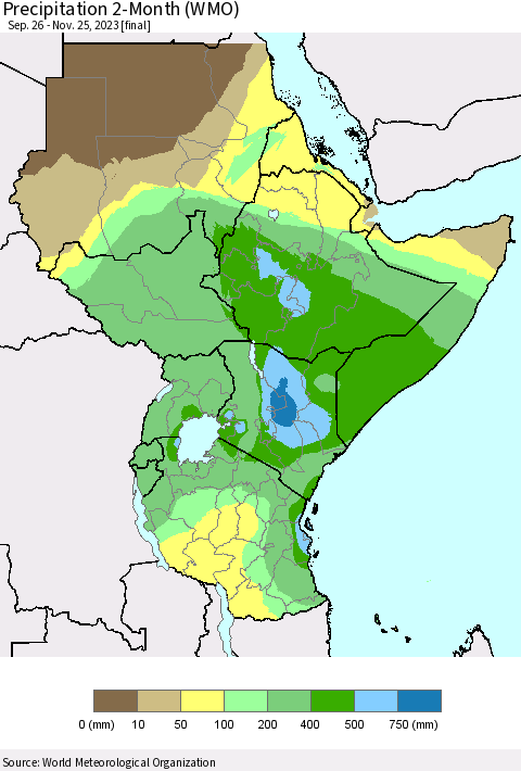 Eastern Africa Precipitation 2-Month (WMO) Thematic Map For 9/26/2023 - 11/25/2023
