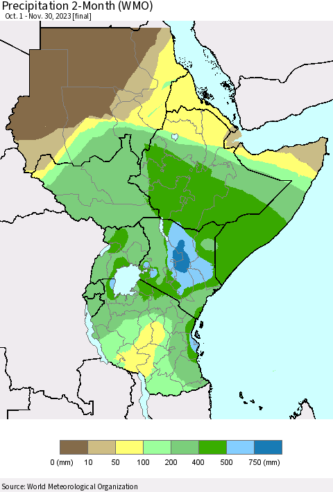 Eastern Africa Precipitation 2-Month (WMO) Thematic Map For 10/1/2023 - 11/30/2023