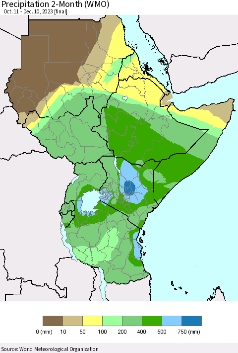 Eastern Africa Precipitation 2-Month (WMO) Thematic Map For 10/11/2023 - 12/10/2023