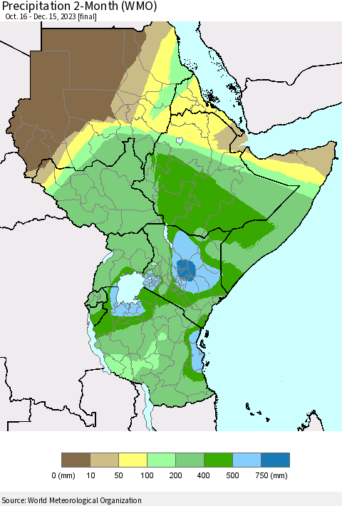 Eastern Africa Precipitation 2-Month (WMO) Thematic Map For 10/16/2023 - 12/15/2023