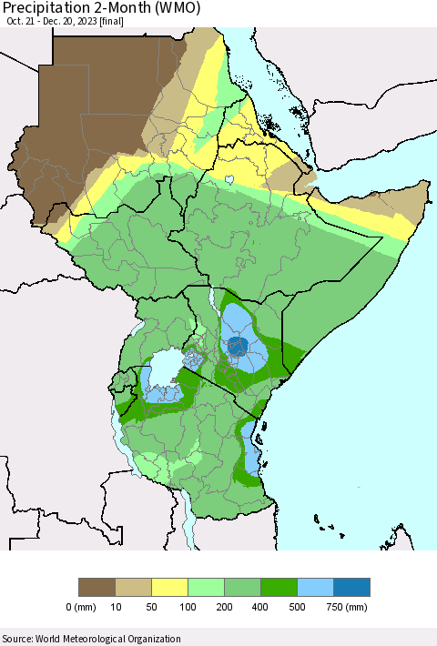 Eastern Africa Precipitation 2-Month (WMO) Thematic Map For 10/21/2023 - 12/20/2023