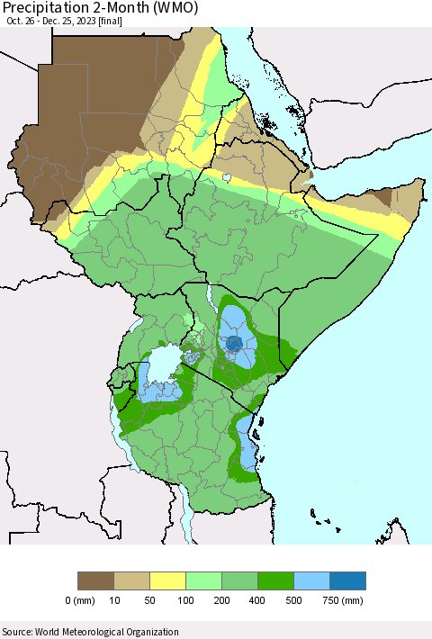 Eastern Africa Precipitation 2-Month (WMO) Thematic Map For 10/26/2023 - 12/25/2023