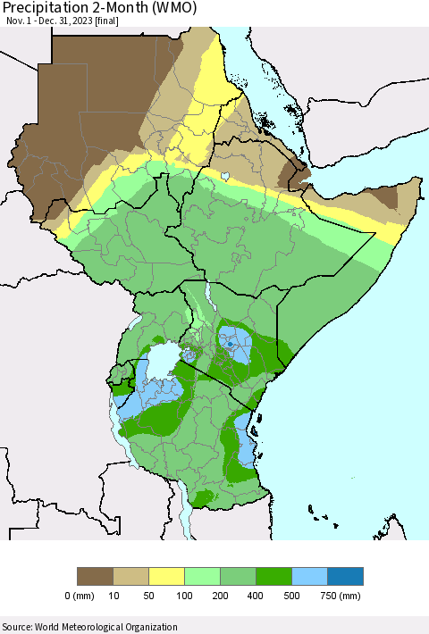 Eastern Africa Precipitation 2-Month (WMO) Thematic Map For 11/1/2023 - 12/31/2023
