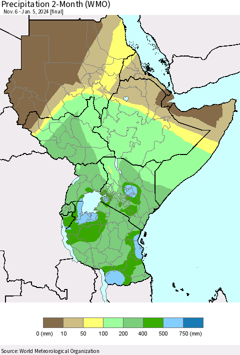 Eastern Africa Precipitation 2-Month (WMO) Thematic Map For 11/6/2023 - 1/5/2024