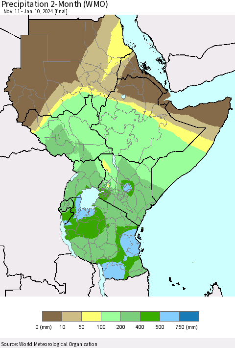 Eastern Africa Precipitation 2-Month (WMO) Thematic Map For 11/11/2023 - 1/10/2024