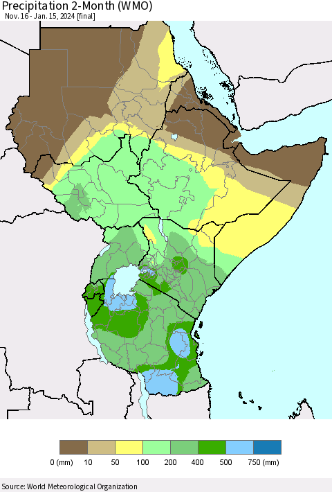 Eastern Africa Precipitation 2-Month (WMO) Thematic Map For 11/16/2023 - 1/15/2024