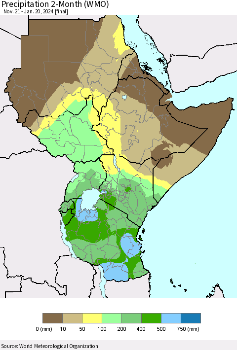 Eastern Africa Precipitation 2-Month (WMO) Thematic Map For 11/21/2023 - 1/20/2024