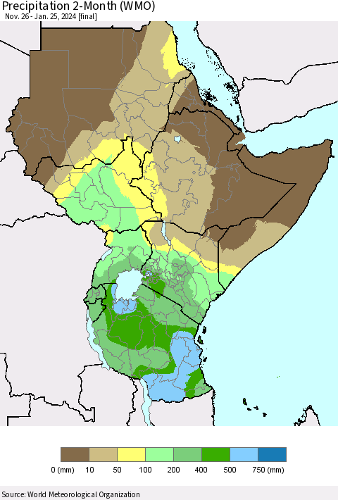 Eastern Africa Precipitation 2-Month (WMO) Thematic Map For 11/26/2023 - 1/25/2024