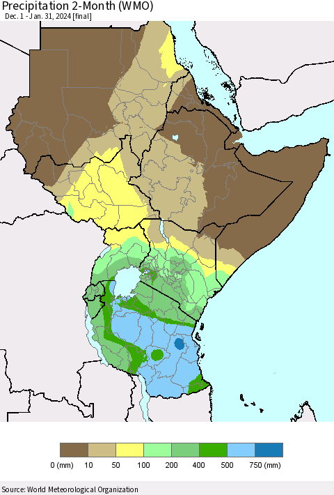 Eastern Africa Precipitation 2-Month (WMO) Thematic Map For 12/1/2023 - 1/31/2024