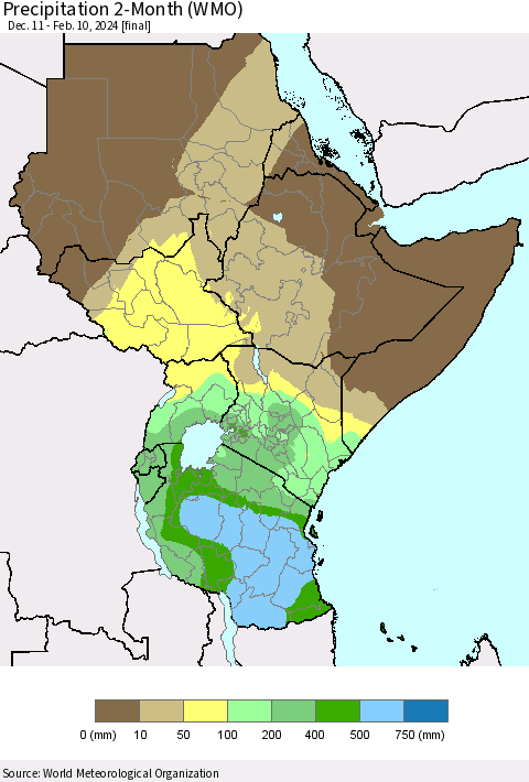 Eastern Africa Precipitation 2-Month (WMO) Thematic Map For 12/11/2023 - 2/10/2024