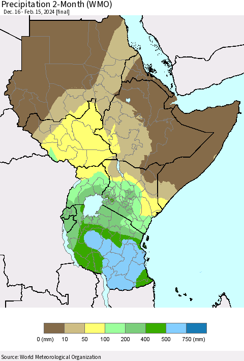 Eastern Africa Precipitation 2-Month (WMO) Thematic Map For 12/16/2023 - 2/15/2024