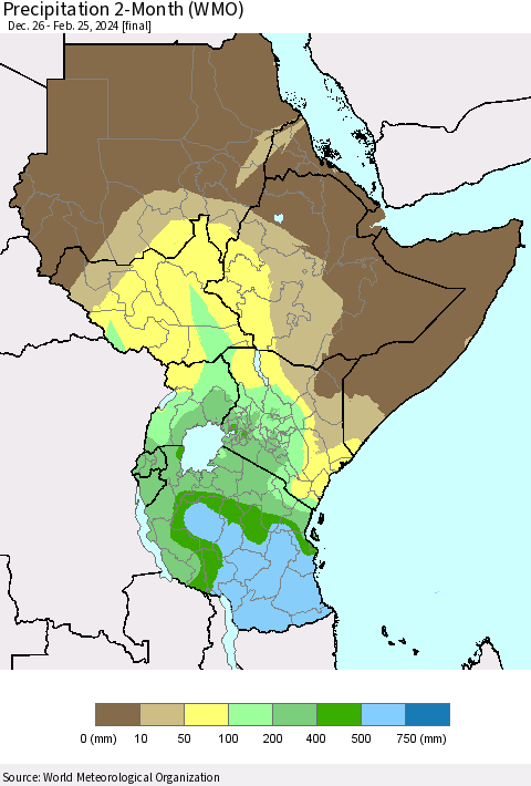 Eastern Africa Precipitation 2-Month (WMO) Thematic Map For 12/26/2023 - 2/25/2024