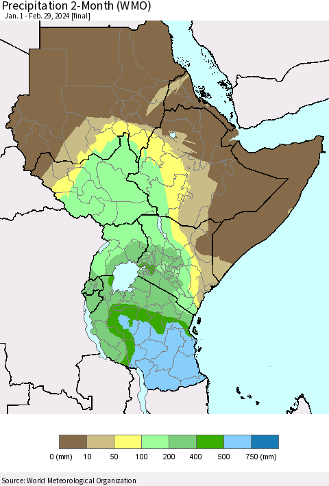 Eastern Africa Precipitation 2-Month (WMO) Thematic Map For 1/1/2024 - 2/29/2024
