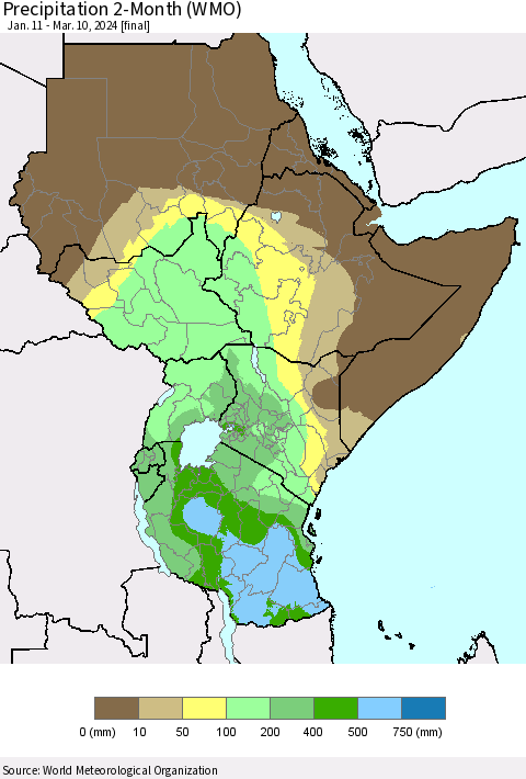 Eastern Africa Precipitation 2-Month (WMO) Thematic Map For 1/11/2024 - 3/10/2024