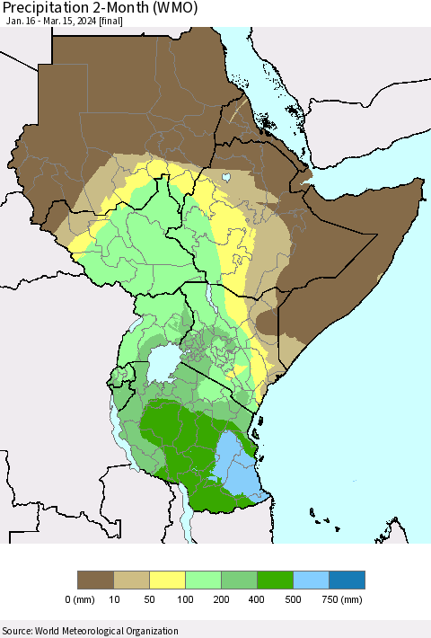 Eastern Africa Precipitation 2-Month (WMO) Thematic Map For 1/16/2024 - 3/15/2024