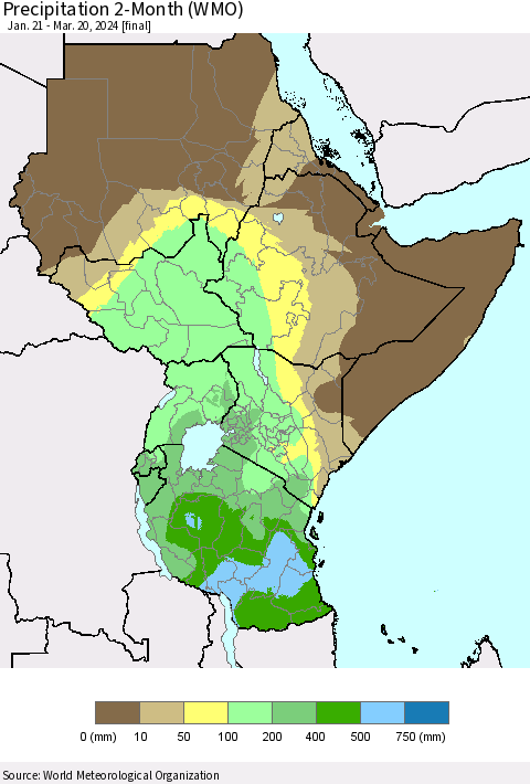 Eastern Africa Precipitation 2-Month (WMO) Thematic Map For 1/21/2024 - 3/20/2024