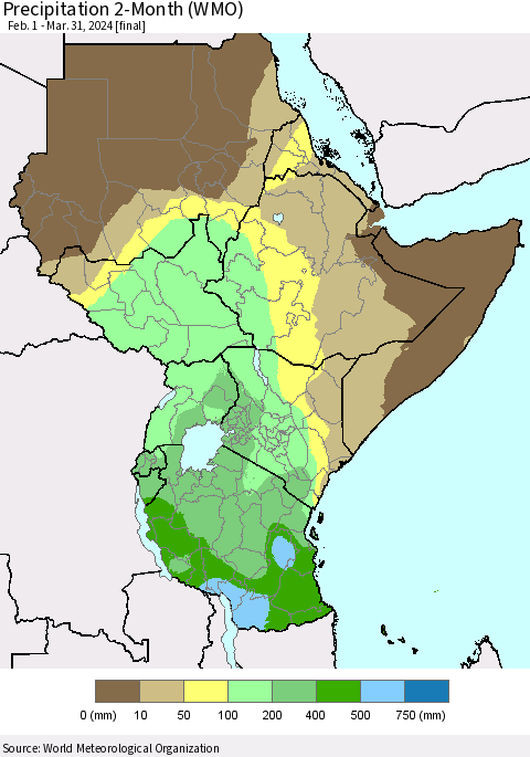 Eastern Africa Precipitation 2-Month (WMO) Thematic Map For 2/1/2024 - 3/31/2024