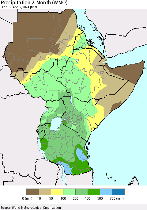 Eastern Africa Precipitation 2-Month (WMO) Thematic Map For 2/6/2024 - 4/5/2024