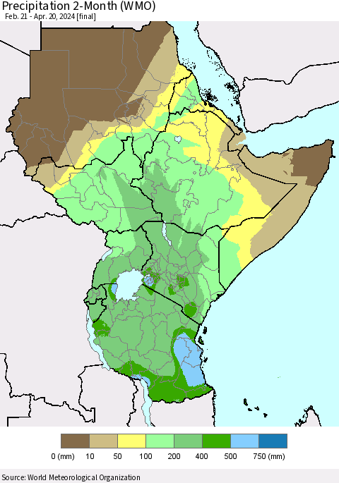 Eastern Africa Precipitation 2-Month (WMO) Thematic Map For 2/21/2024 - 4/20/2024