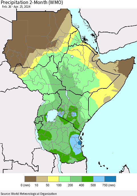 Eastern Africa Precipitation 2-Month (WMO) Thematic Map For 2/26/2024 - 4/25/2024