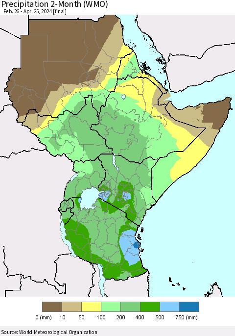 Eastern Africa Precipitation 2-Month (WMO) Thematic Map For 2/26/2024 - 4/25/2024