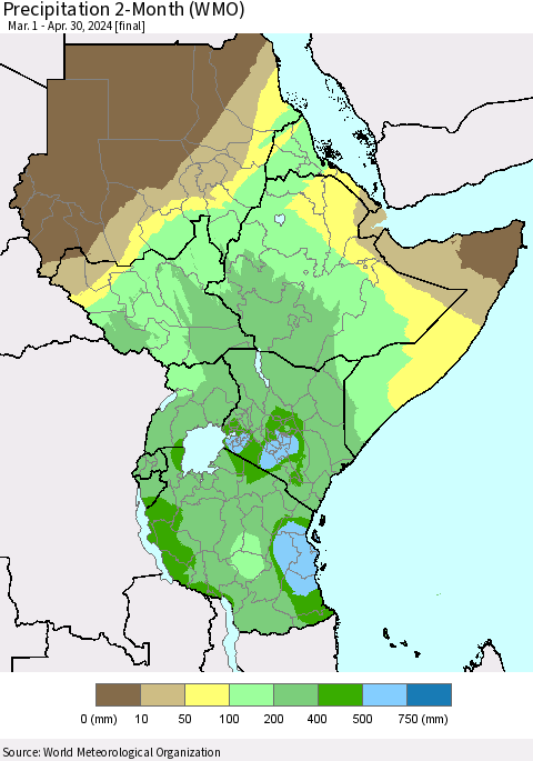 Eastern Africa Precipitation 2-Month (WMO) Thematic Map For 3/1/2024 - 4/30/2024