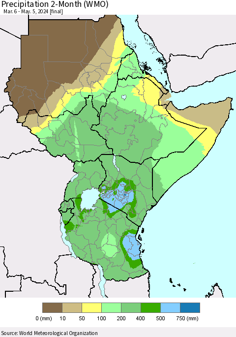 Eastern Africa Precipitation 2-Month (WMO) Thematic Map For 3/6/2024 - 5/5/2024