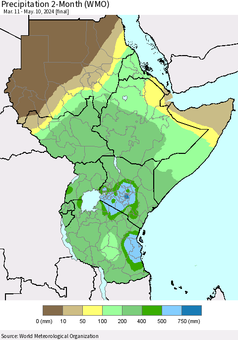 Eastern Africa Precipitation 2-Month (WMO) Thematic Map For 3/11/2024 - 5/10/2024