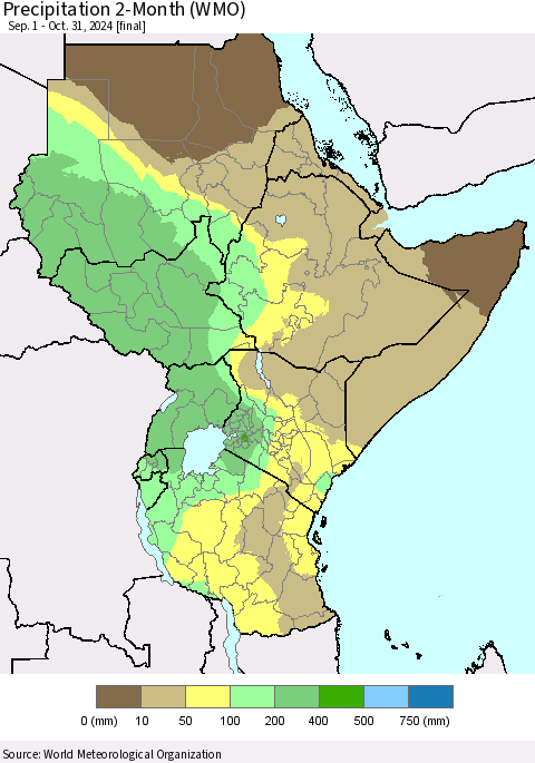 Eastern Africa Precipitation 2-Month (WMO) Thematic Map For 9/1/2024 - 10/31/2024