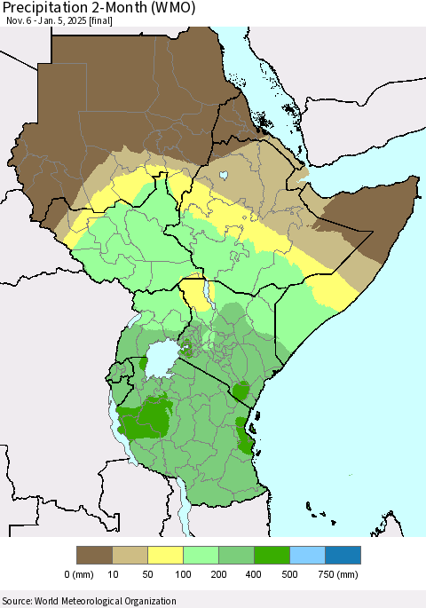 Eastern Africa Precipitation 2-Month (WMO) Thematic Map For 11/6/2024 - 1/5/2025