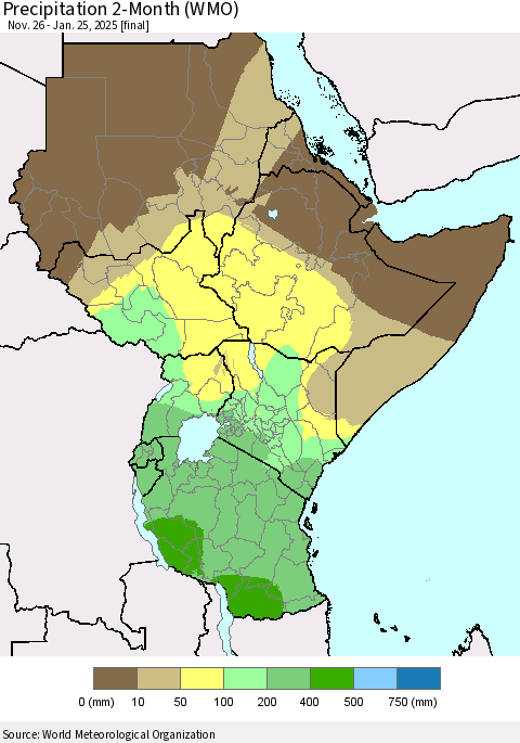 Eastern Africa Precipitation 2-Month (WMO) Thematic Map For 11/26/2024 - 1/25/2025
