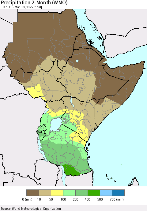Eastern Africa Precipitation 2-Month (WMO) Thematic Map For 1/11/2025 - 3/10/2025