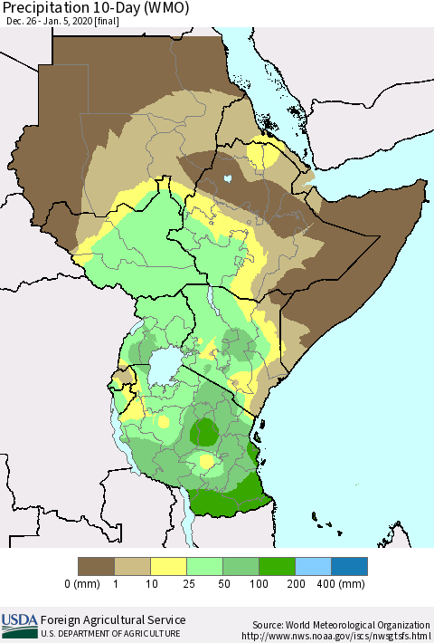 Eastern Africa Precipitation 10-Day (WMO) Thematic Map For 12/26/2019 - 1/5/2020