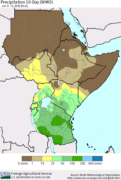 Eastern Africa Precipitation 10-Day (WMO) Thematic Map For 1/6/2020 - 1/15/2020