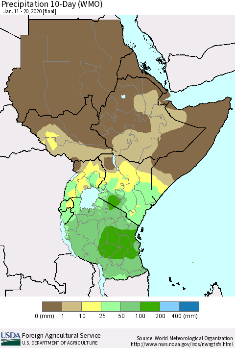 Eastern Africa Precipitation 10-Day (WMO) Thematic Map For 1/11/2020 - 1/20/2020